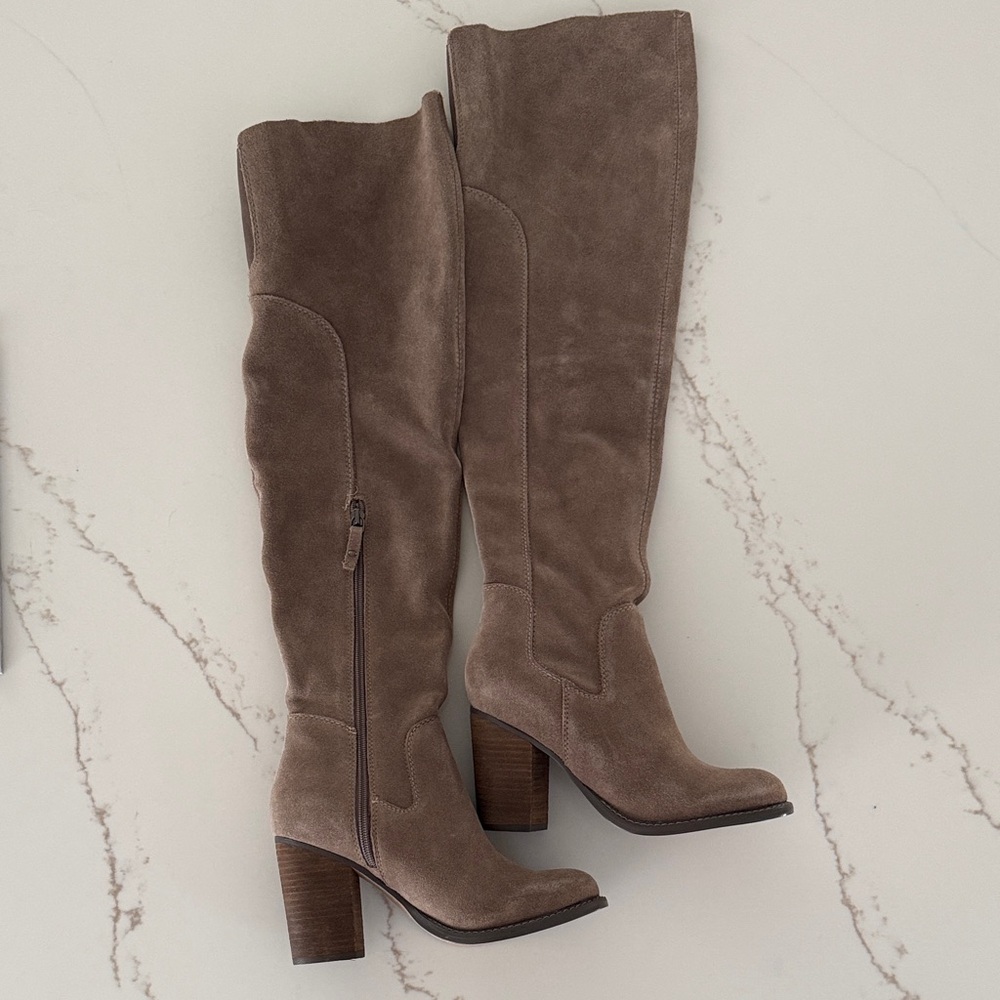 Kelsi Dagger Taupe Suede Over the Knee Boots